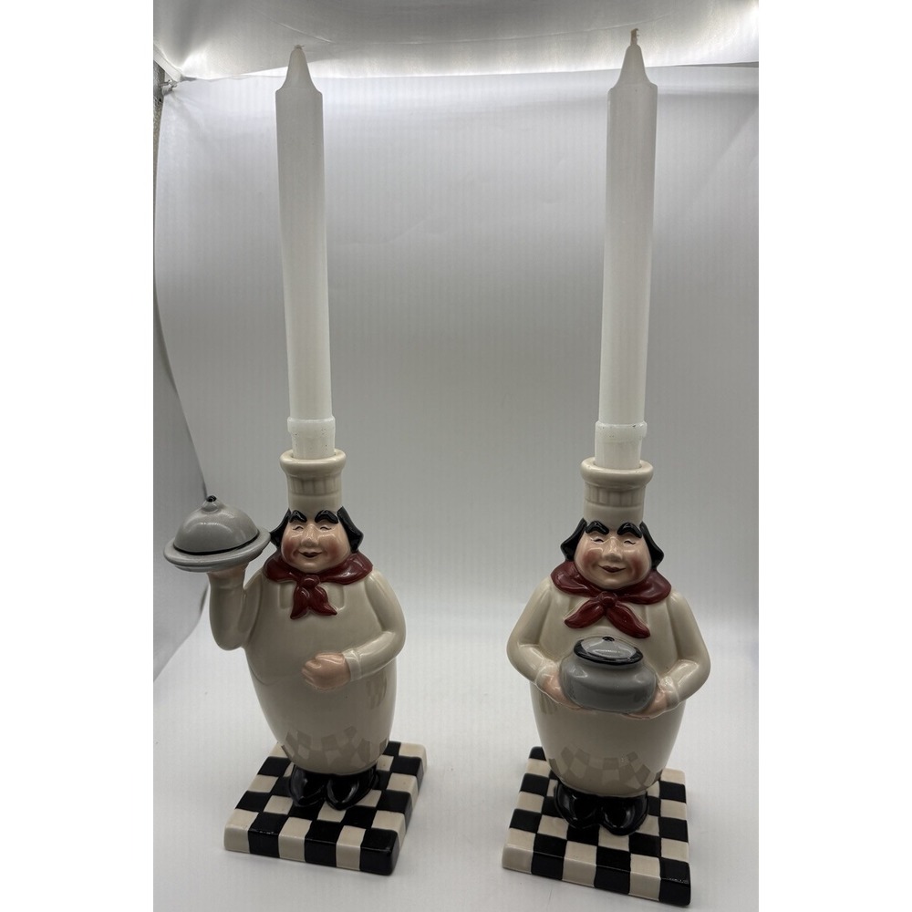 2 Vintage Clay Art Of San Francisco Candlestick Holders French Chef Cook